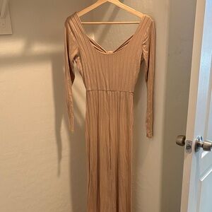 Women's Long Sleeve Ribbed Jumpsuit in Nude